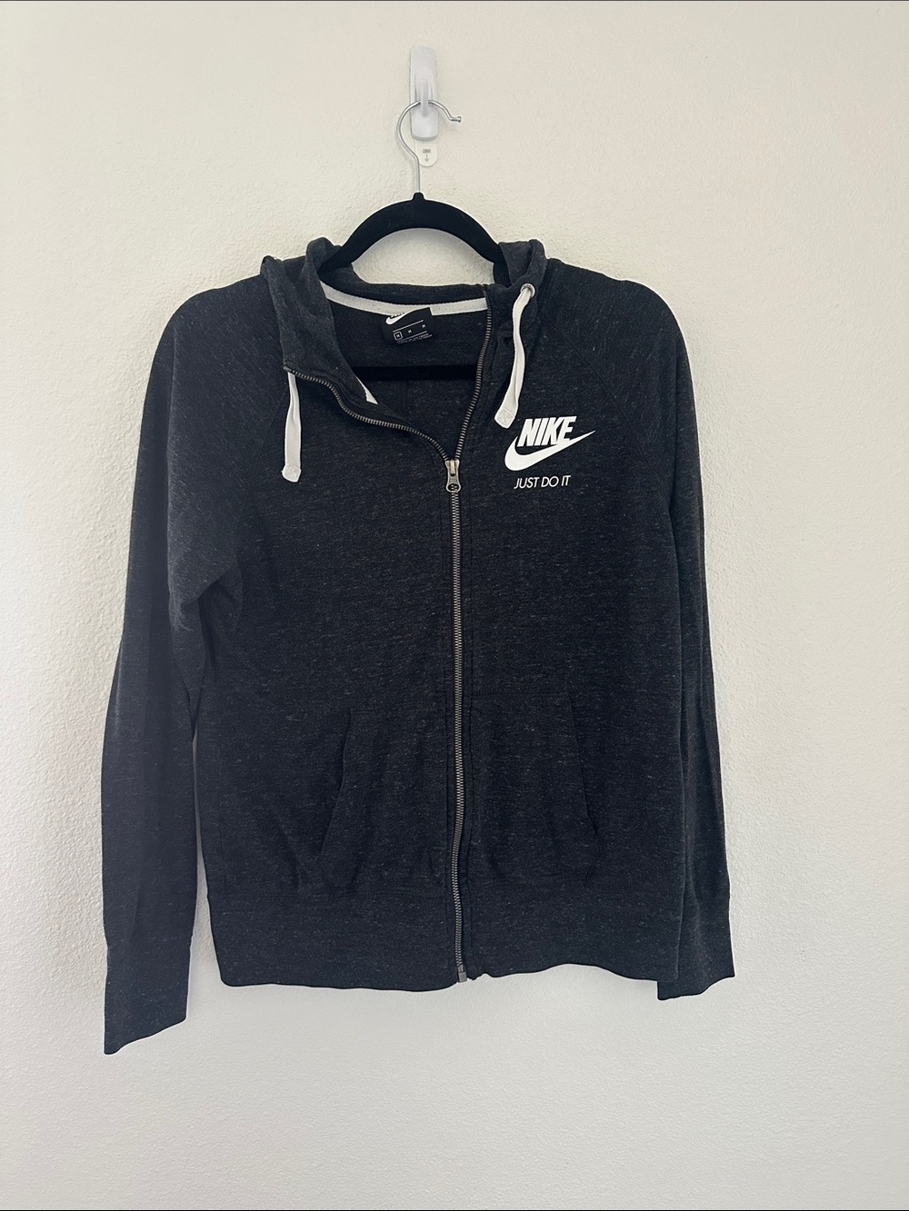 Nike Women's Dark Grey Zip Hoodie with White Logo